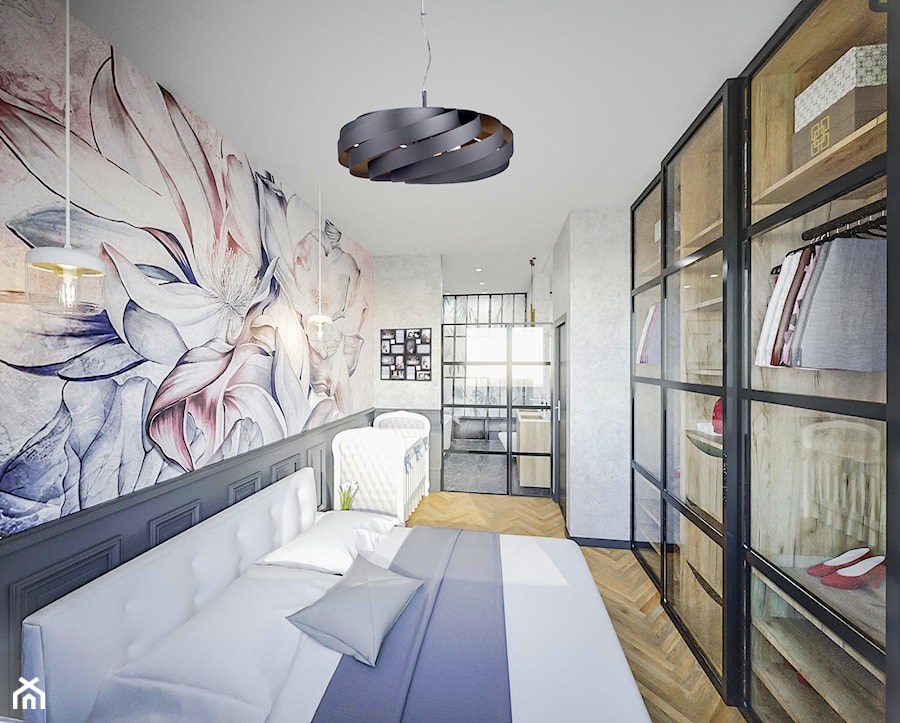 Sypialnia połączona z łazienką - Średnia szara sypialnia, styl nowoczesny - zdjęcie od Vimko Projektowanie Wnętrz