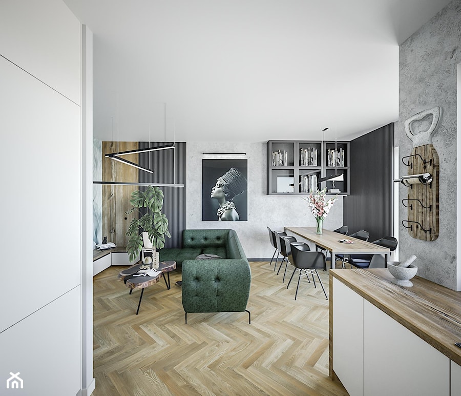 Salon - Średni szary salon z jadalnią, styl nowoczesny - zdjęcie od Vimko Projektowanie Wnętrz