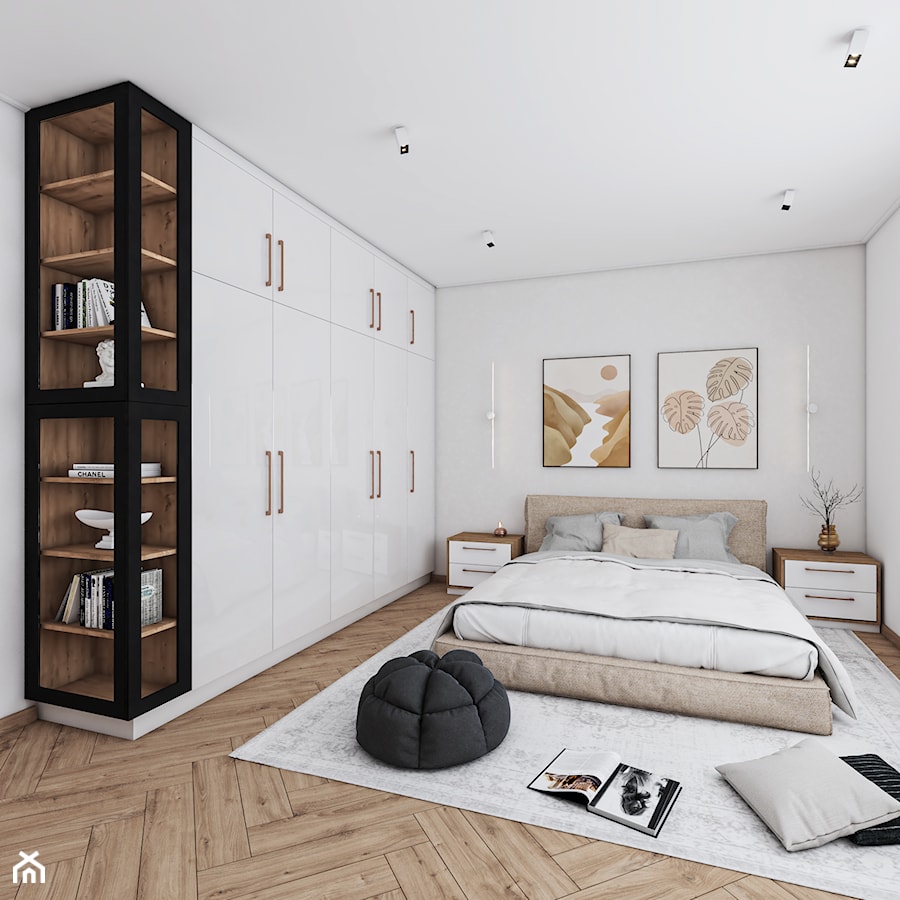 CAMPANA - Średnia biała z szafkami nocnymi beżowym sypialnia, styl skandynawski - zdjęcie od Vimko Projektowanie Wnętrz