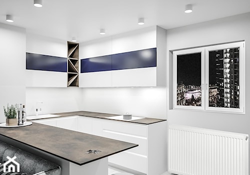 Ossido - Średnia otwarta z salonem z kamiennym blatem biała z zabudowaną lodówką z nablatowym zlewozmywakiem kuchnia w kształcie litery u z oknem, styl nowoczesny - zdjęcie od Vimko Projektowanie Wnętrz