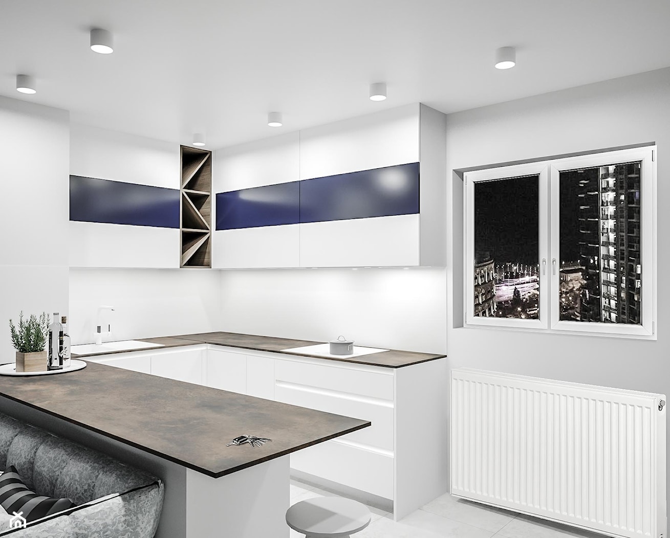 Ossido - Średnia otwarta z salonem z kamiennym blatem biała z zabudowaną lodówką z nablatowym zlewozmywakiem kuchnia w kształcie litery u z oknem, styl nowoczesny - zdjęcie od Vimko Projektowanie Wnętrz - Homebook