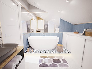Salon w stylu skandynawskim z nutą loftu - Średnia na poddaszu bez okna z lustrem z punktowym oświetleniem łazienka, styl skandynawski - zdjęcie od Vimko Projektowanie Wnętrz