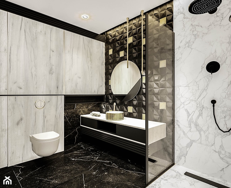 Minimalistyczna łazienka z czarnymi geometrycznymi płytkami - zdjęcie od Vimko Projektowanie Wnętrz