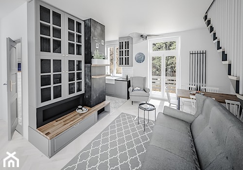 Vertigo - Średni biały czarny salon z jadalnią z bibiloteczką, styl rustykalny - zdjęcie od Vimko Projektowanie Wnętrz