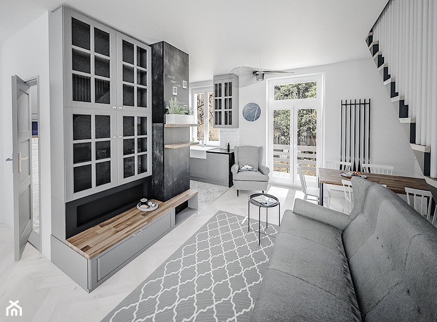 Vertigo - Średni biały czarny salon z jadalnią z bibiloteczką, styl rustykalny - zdjęcie od Vimko Projektowanie Wnętrz