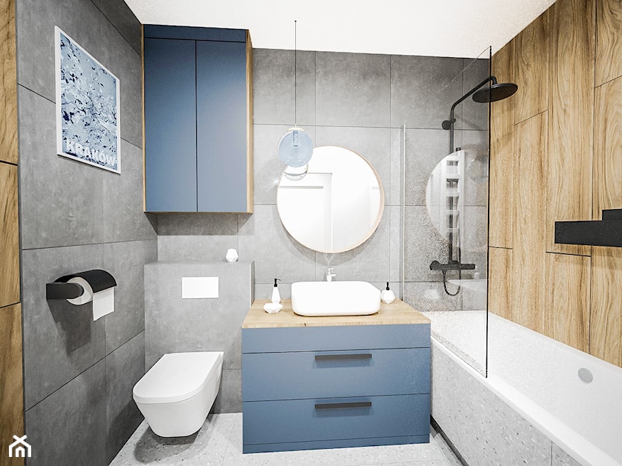 Midnight Blue - Mała bez okna z lustrem łazienka, styl skandynawski - zdjęcie od Vimko Projektowanie Wnętrz