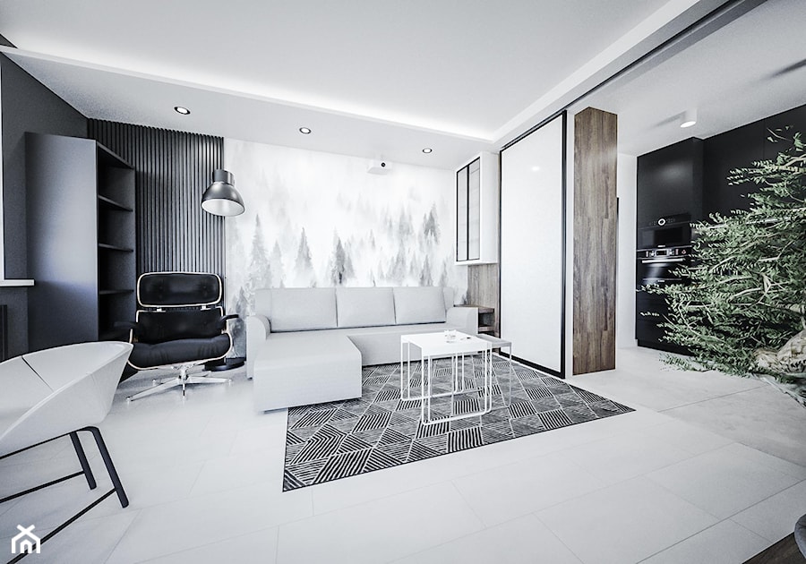 Minimalistyczny salon - Duży biały czarny salon, styl minimalistyczny - zdjęcie od Vimko Projektowanie Wnętrz