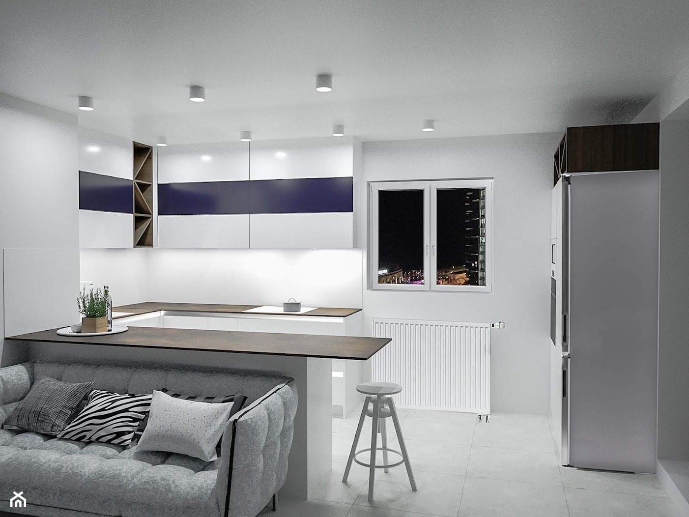 Ossido - Średnia otwarta z salonem biała z zabudowaną lodówką z nablatowym zlewozmywakiem kuchnia w kształcie litery u dwurzędowa z oknem, styl nowoczesny - zdjęcie od Vimko Projektowanie Wnętrz - Homebook