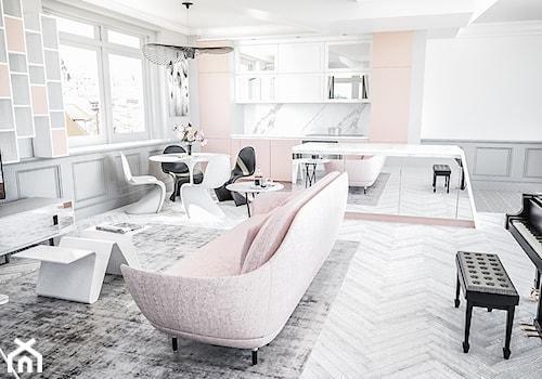 Salon róż z fortepianem - Średni biały szary salon z kuchnią z jadalnią, styl glamour - zdjęcie od Vimko Projektowanie Wnętrz