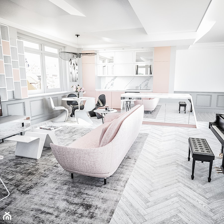 Salon róż z fortepianem - Średni biały szary salon z kuchnią z jadalnią, styl glamour - zdjęcie od Vimko Projektowanie Wnętrz