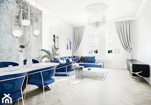 Orion - Duży biały szary salon z jadalnią, styl glamour - zdjęcie od Vimko Projektowanie Wnętrz