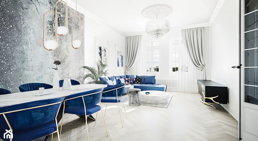 Orion - Duży biały szary salon z jadalnią, styl glamour - zdjęcie od Vimko Projektowanie Wnętrz