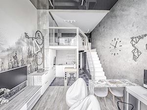 Projekt MiniMaxy Antresola z górską nutą. - Mały salon z kuchnią z jadalnią z antresolą, styl nowoczesny - zdjęcie od Vimko Projektowanie Wnętrz