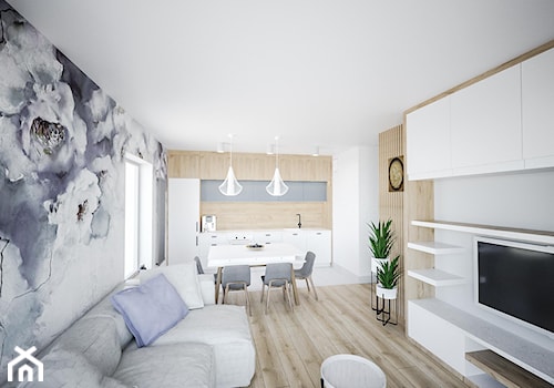 Midnight Blue - Średni biały salon z kuchnią z jadalnią, styl skandynawski - zdjęcie od Vimko Projektowanie Wnętrz