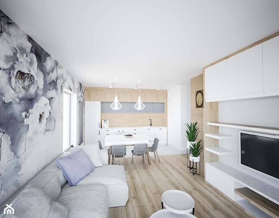Midnight Blue - Średni biały salon z kuchnią z jadalnią, styl skandynawski - zdjęcie od Vimko Projektowanie Wnętrz
