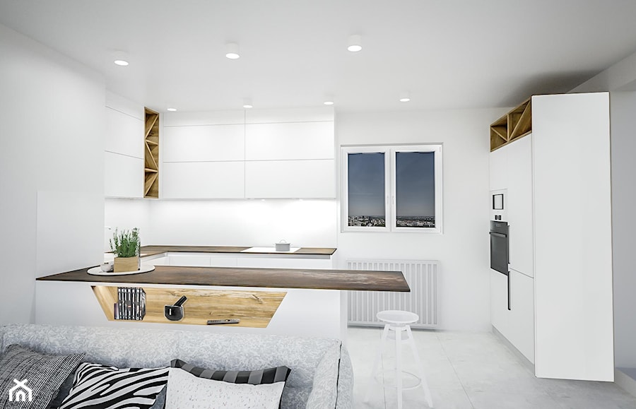 Ossido - Średnia otwarta z salonem biała z zabudowaną lodówką z nablatowym zlewozmywakiem kuchnia w kształcie litery u dwurzędowa z oknem, styl nowoczesny - zdjęcie od Vimko Projektowanie Wnętrz