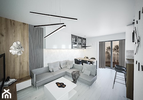 Salon - Średni biały szary salon z kuchnią z jadalnią, styl nowoczesny - zdjęcie od Vimko Projektowanie Wnętrz