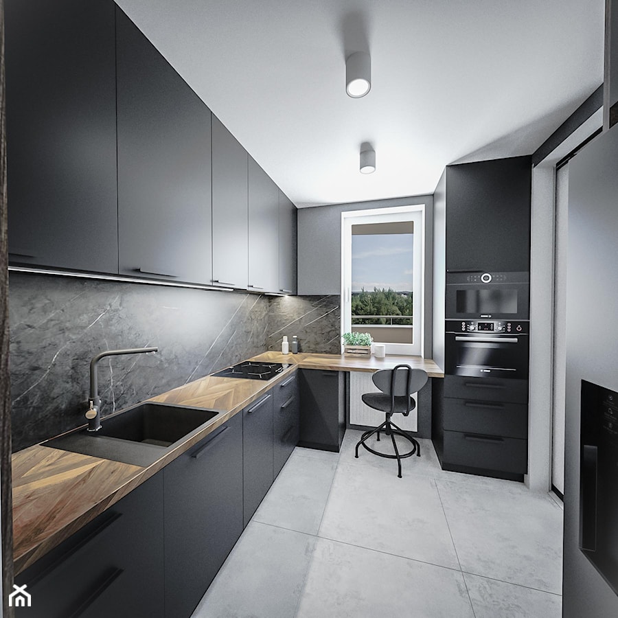 Kungsbacka - Średnia zamknięta czarna z zabudowaną lodówką z nablatowym zlewozmywakiem kuchnia w kształcie litery l z oknem z marmurem nad blatem kuchennym, styl nowoczesny - zdjęcie od Vimko Projektowanie Wnętrz