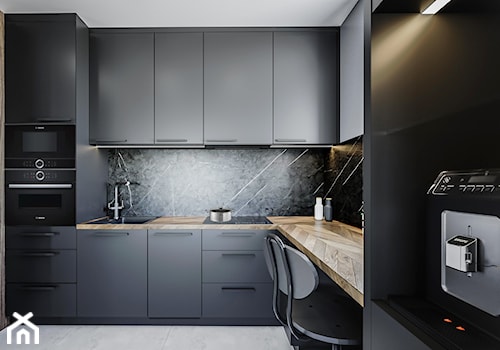 Kungsbacka - Średnia otwarta z salonem biała czarna z zabudowaną lodówką z nablatowym zlewozmywakiem kuchnia w kształcie litery l z oknem, styl nowoczesny - zdjęcie od Vimko Projektowanie Wnętrz