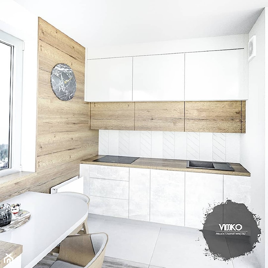 Mała kuchnia z betonowymi frontami - Mała zamknięta biała z zabudowaną lodówką z nablatowym zlewozmywakiem kuchnia jednorzędowa z oknem, styl nowoczesny - zdjęcie od Vimko Projektowanie Wnętrz