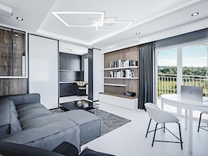 Minimalistyczny salon - Duży biały szary salon z kuchnią z jadalnią, styl nowoczesny - zdjęcie od Vimko Projektowanie Wnętrz