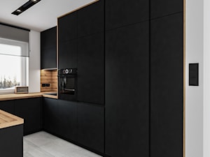 Sherman | Czarny - Średnia otwarta biała z zabudowaną lodówką z nablatowym zlewozmywakiem kuchnia w kształcie litery u z oknem, styl industrialny - zdjęcie od Vimko Projektowanie Wnętrz