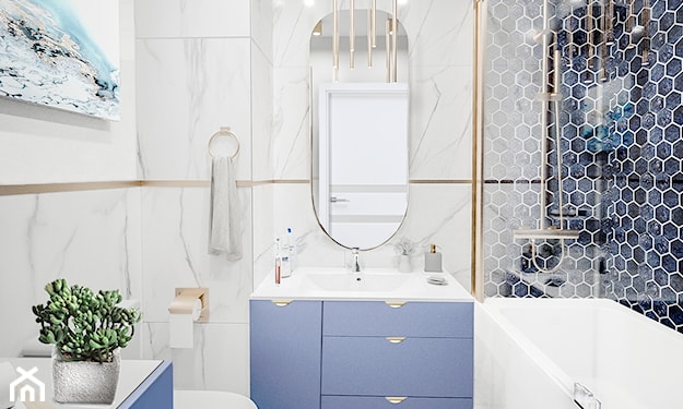 niebieska łazienka, łazienka z wanną, łazienka glamour
