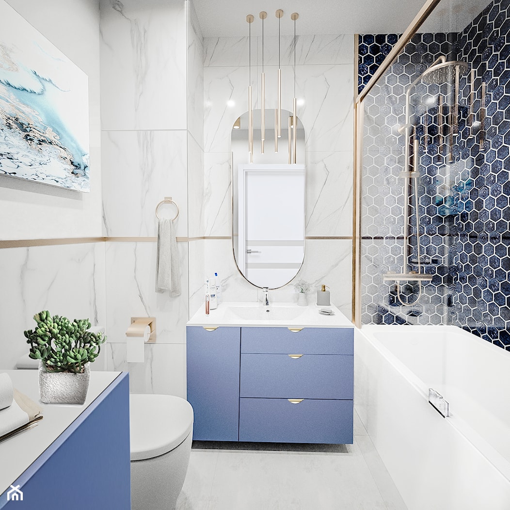 Niebieska łazienka glamour z akcentami złota - zdjęcie od Vimko Projektowanie Wnętrz - Homebook