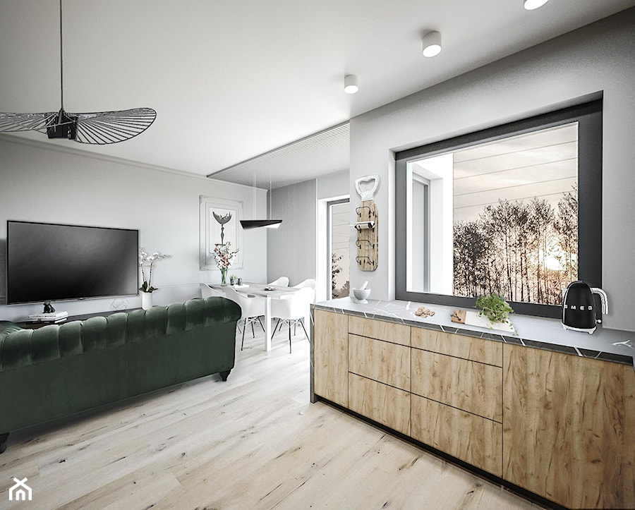 Salon - Średni biały szary salon z kuchnią z jadalnią, styl industrialny - zdjęcie od Vimko Projektowanie Wnętrz