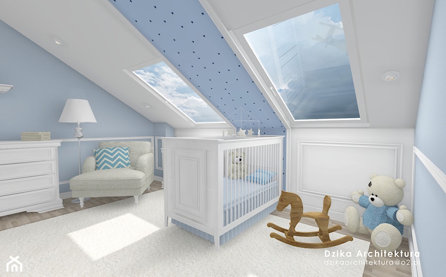 WILLA URSYNÓW - Duży biały niebieski pokój dziecka dla niemowlaka dla chłopca dla dziewczynki, styl tradycyjny - zdjęcie od DziKa Architektura