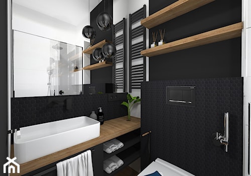 Łazienka czarno biała z akcentem drewna - Mała bez okna z lustrem z punktowym oświetleniem łazienka - zdjęcie od Projektowanie Wnetrz Online