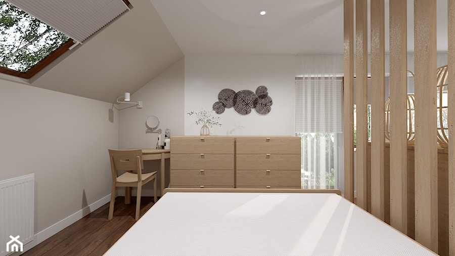 Projekt salonu z jadalnią - Mała beżowa biała sypialnia, styl nowoczesny - zdjęcie od Projektowanie Wnetrz Online
