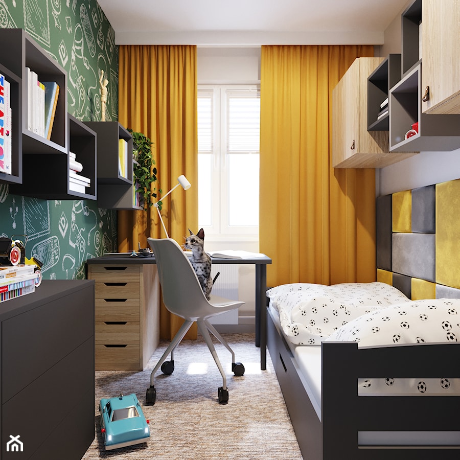 Kolorowy pokój dla dziecka - Średni biały zielony pokój dziecka dla dziecka dla nastolatka dla chłopca, styl nowoczesny - zdjęcie od Projektowanie Wnetrz Online