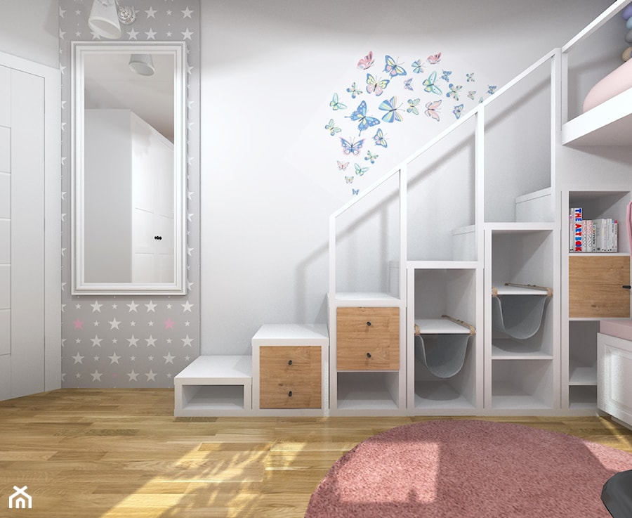 Pokój dwóch dziewczynek z łóżkiem na antresoli - Średni biały szary pokój dziecka dla dziecka dla dziewczynki - zdjęcie od Projektowanie Wnetrz Online