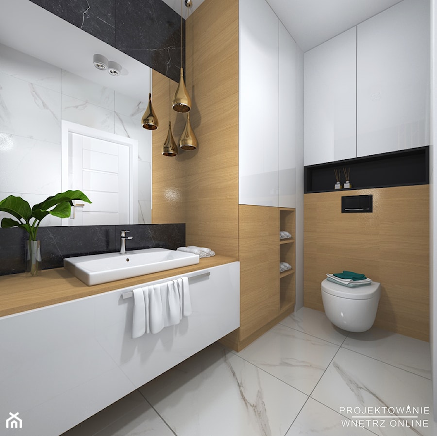 Czarno biała łazienka z dodatkami drewna - Średnia bez okna z lustrem z marmurową podłogą z punktowym oświetleniem łazienka - zdjęcie od Projektowanie Wnetrz Online