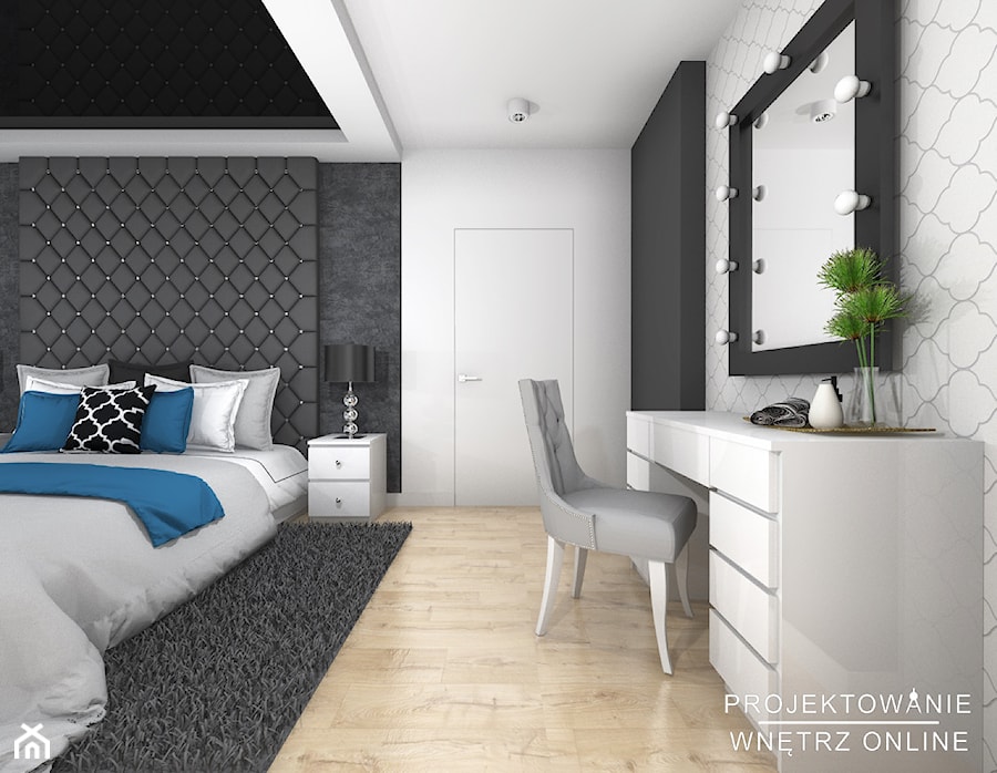 Sypialnia - Średnia biała czarna sypialnia, styl glamour - zdjęcie od Projektowanie Wnetrz Online