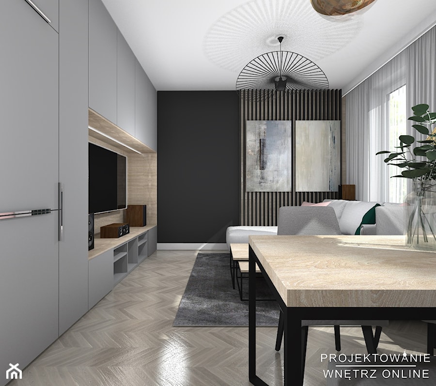 Salon z kuchnią w ciemnych kolorach - Średni czarny szary salon z jadalnią - zdjęcie od Projektowanie Wnetrz Online