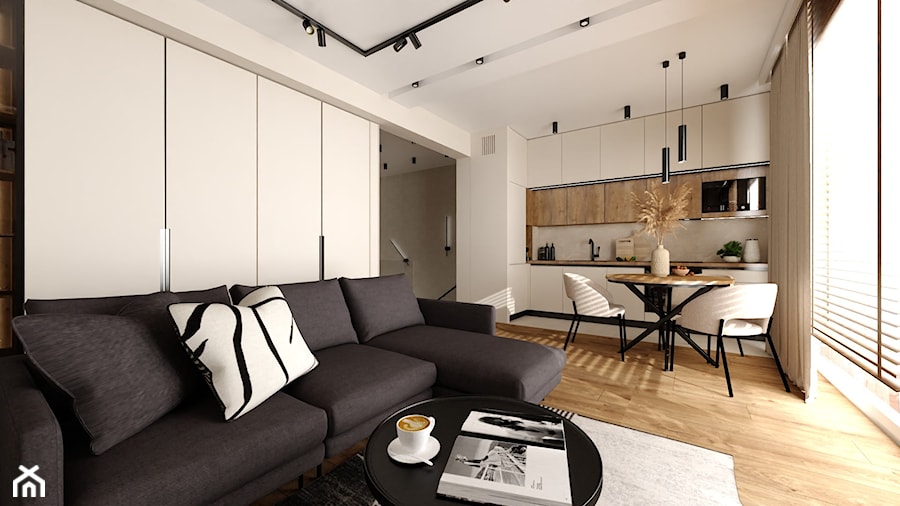 Eleganckie mieszkanie w beżach, czerni i przydymionym drewnie - Salon, styl nowoczesny - zdjęcie od Projektowanie Wnetrz Online