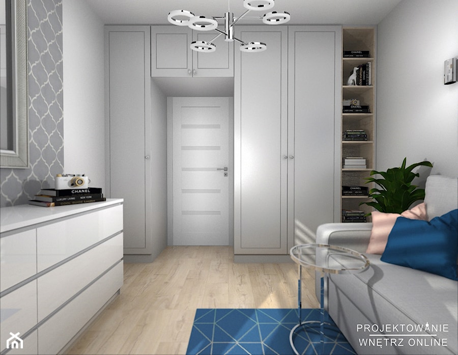 Gabinet do pracy w domu - Średnie z sofą białe szare biuro - zdjęcie od Projektowanie Wnetrz Online
