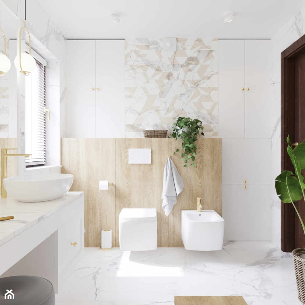 Jasna łazienka z elementami marmuru - Duża z lustrem z punktowym oświetleniem łazienka z oknem, sty ... - zdjęcie od Projektowanie Wnetrz Online - Homebook