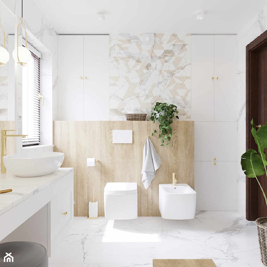 Jasna łazienka z elementami marmuru - Duża z lustrem z punktowym oświetleniem łazienka z oknem, styl nowoczesny - zdjęcie od Projektowanie Wnetrz Online