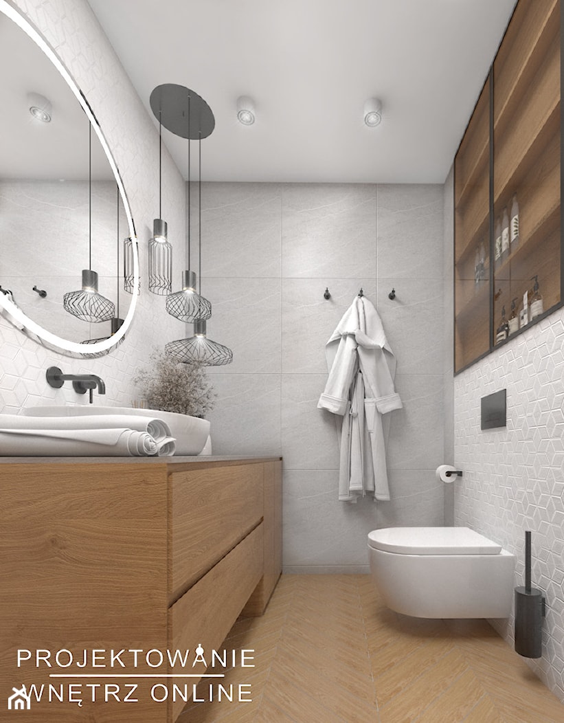 Łazienka z płytkami w jodełkę - Średnia bez okna z lustrem z punktowym oświetleniem łazienka, styl ... - zdjęcie od Projektowanie Wnetrz Online - Homebook