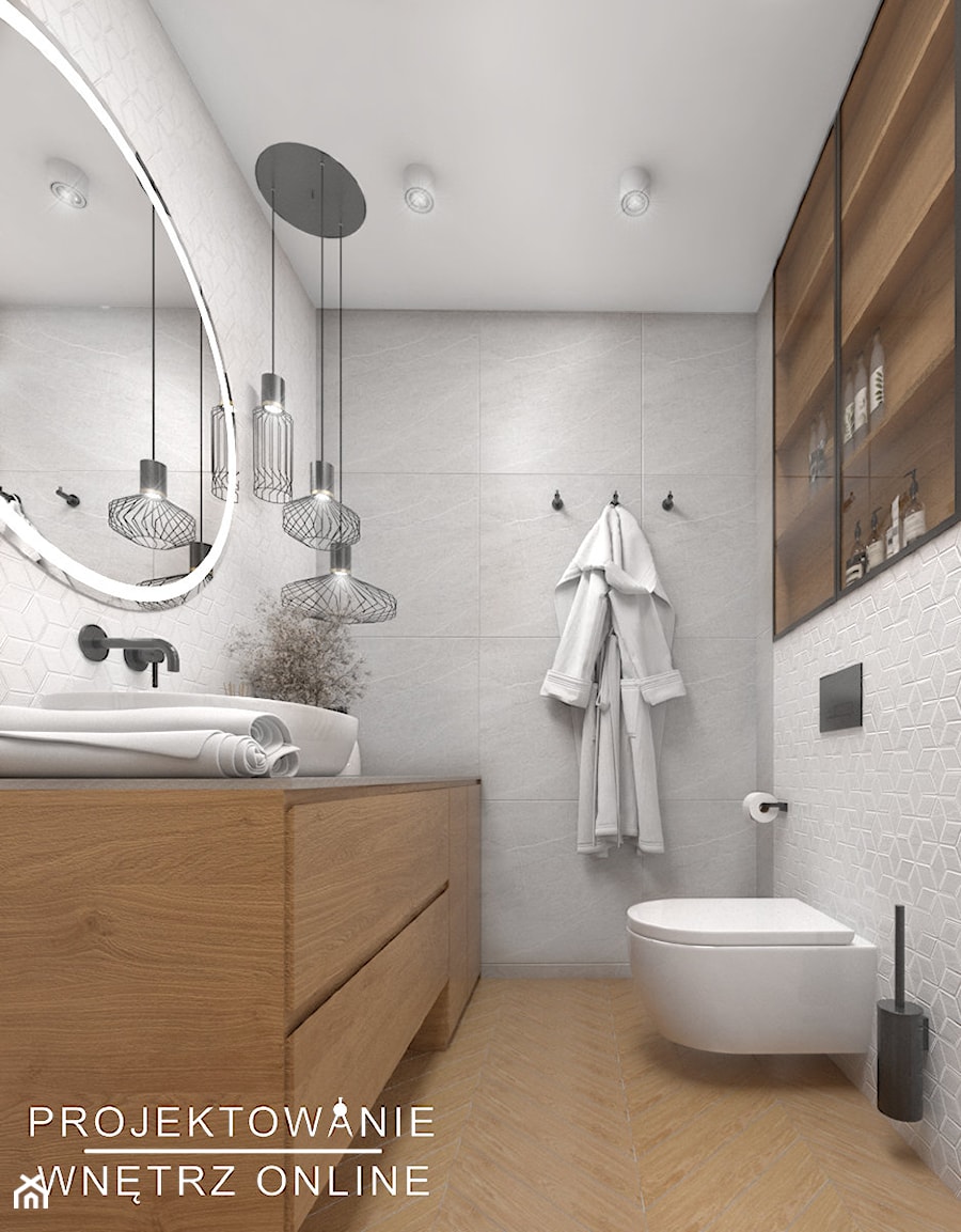 Łazienka z płytkami w jodełkę - Średnia bez okna z lustrem z punktowym oświetleniem łazienka, styl nowoczesny - zdjęcie od Projektowanie Wnetrz Online