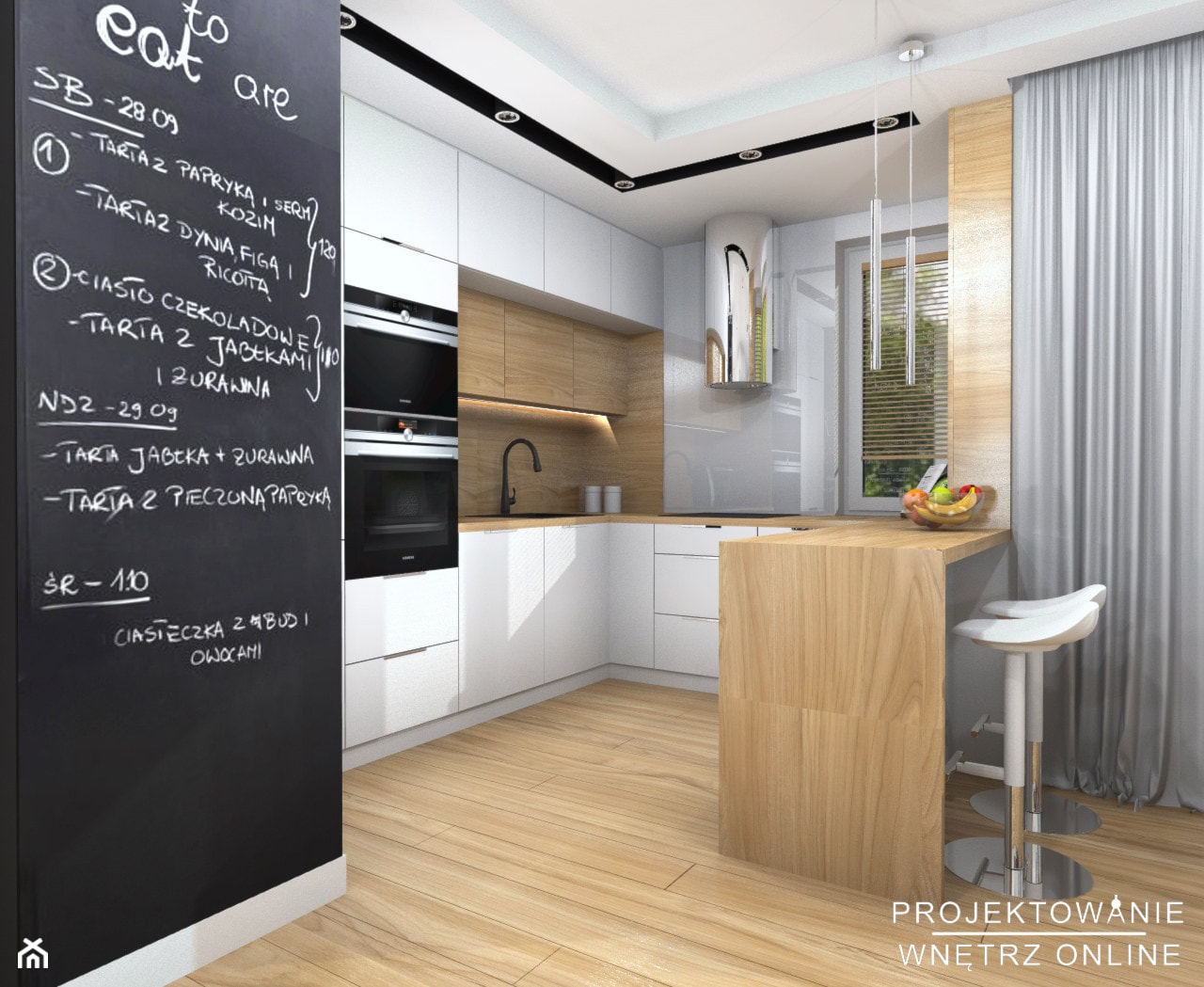 Kuchnia w bieli, drewnie, ściana tablicówka oraz okap tuba - zdjęcie od Projektowanie Wnetrz Online - Homebook