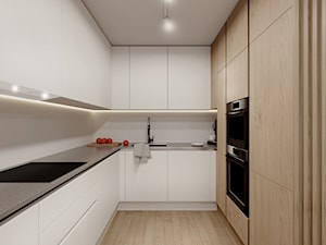 Mieszkanie 47m2 w minimalistycznym stylu - Średnia zamknięta z kamiennym blatem biała z zabudowaną lodówką z okapem z ekspresem do kawy z kuchenką mikrofalową z podblatowym zlewozmywakiem kuchnia w kształcie litery u, styl nowoczesny - zdjęcie od Projektowanie Wnetrz Online