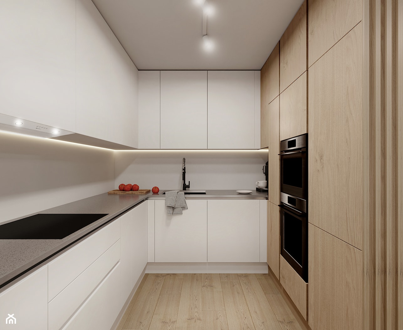 Mieszkanie 47m2 w minimalistycznym stylu - Średnia zamknięta z kamiennym blatem biała z zabudowaną lodówką z okapem z ekspresem do kawy z kuchenką mikrofalową z podblatowym zlewozmywakiem kuchnia w kształcie litery u, styl nowoczesny - zdjęcie od Projektowanie Wnetrz Online - Homebook