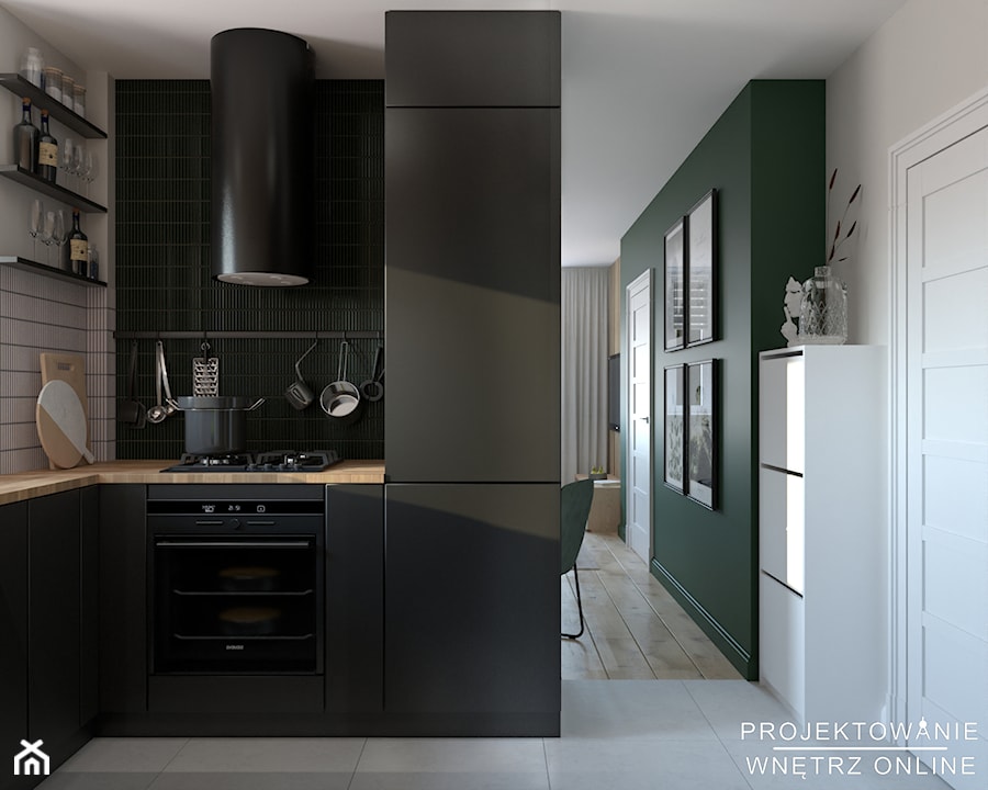 Projekt mieszkania 35 m2 - Średnia otwarta biała czarna z zabudowaną lodówką z okapem kuchnia w kształcie litery l, styl nowoczesny - zdjęcie od Projektowanie Wnetrz Online