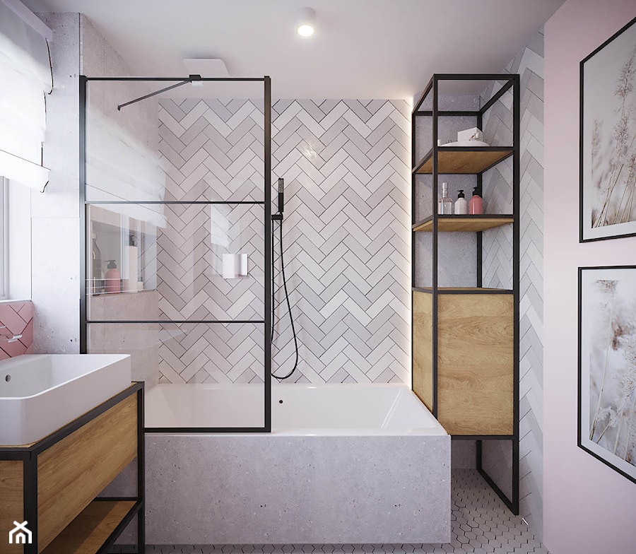 Projekt łazienki z różową jodełką - Łazienka, styl nowoczesny - zdjęcie od Projektowanie Wnetrz Online