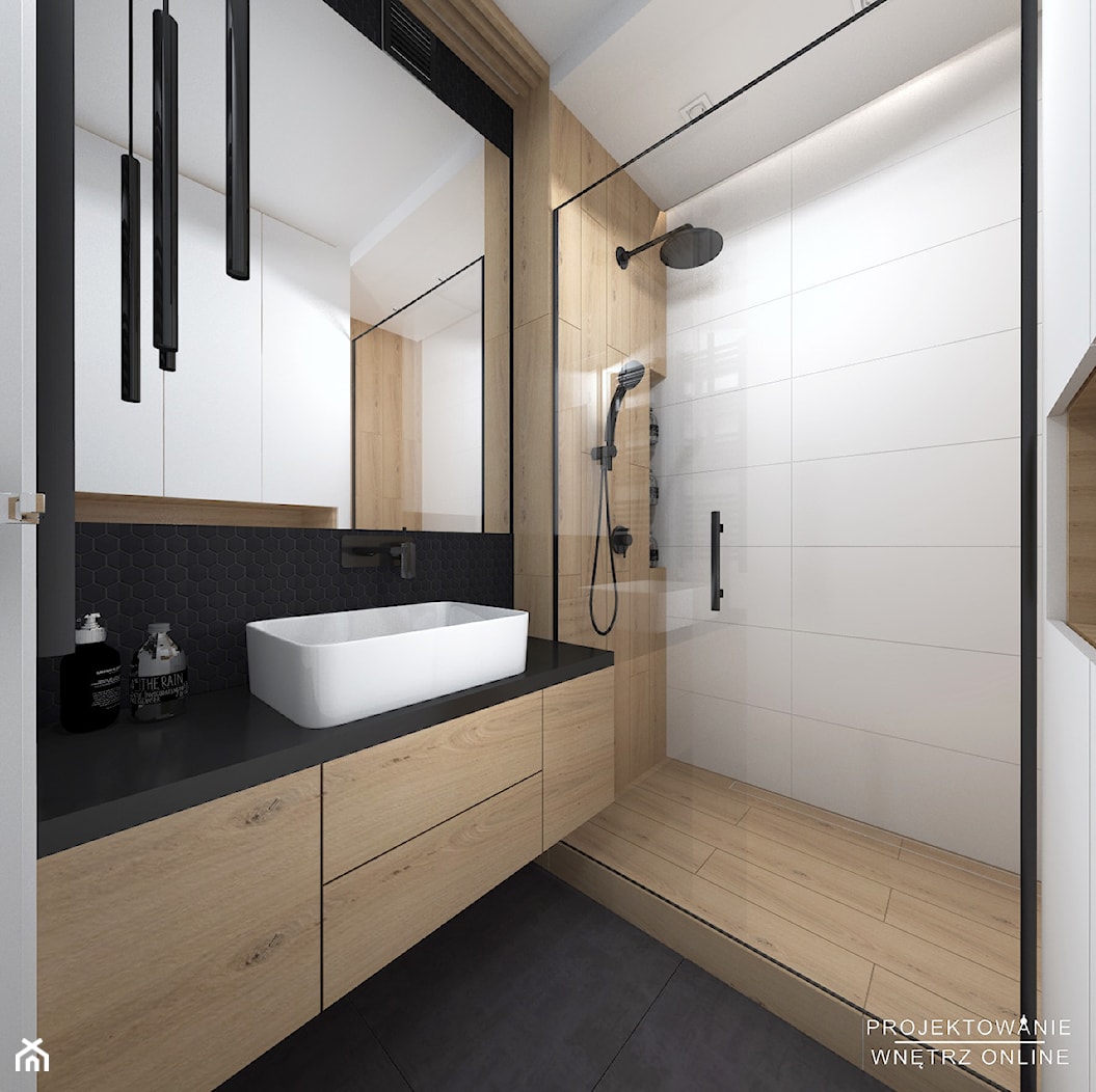Projekt łazienki oraz wc w stylu minimalistycznym i czarna armatura - zdjęcie od Projektowanie Wnetrz Online - Homebook