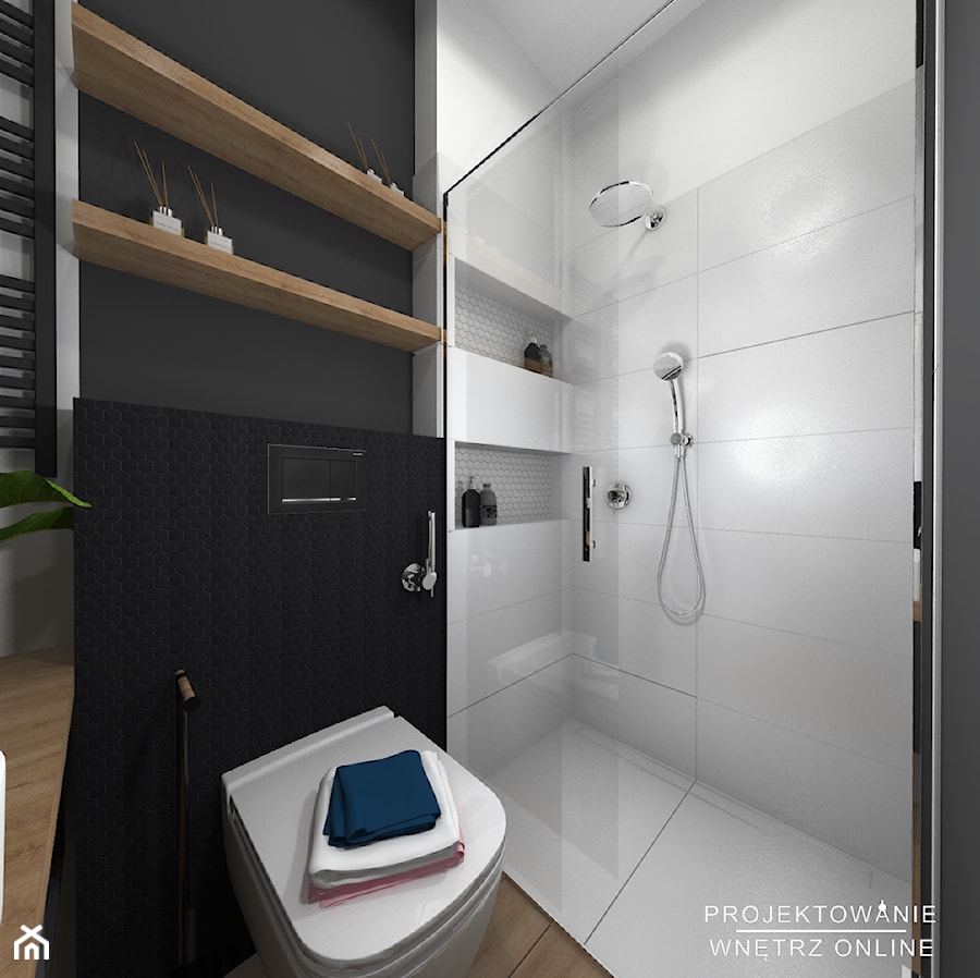 Łazienka czarno biała z akcentem drewna - Mała bez okna łazienka - zdjęcie od Projektowanie Wnetrz Online